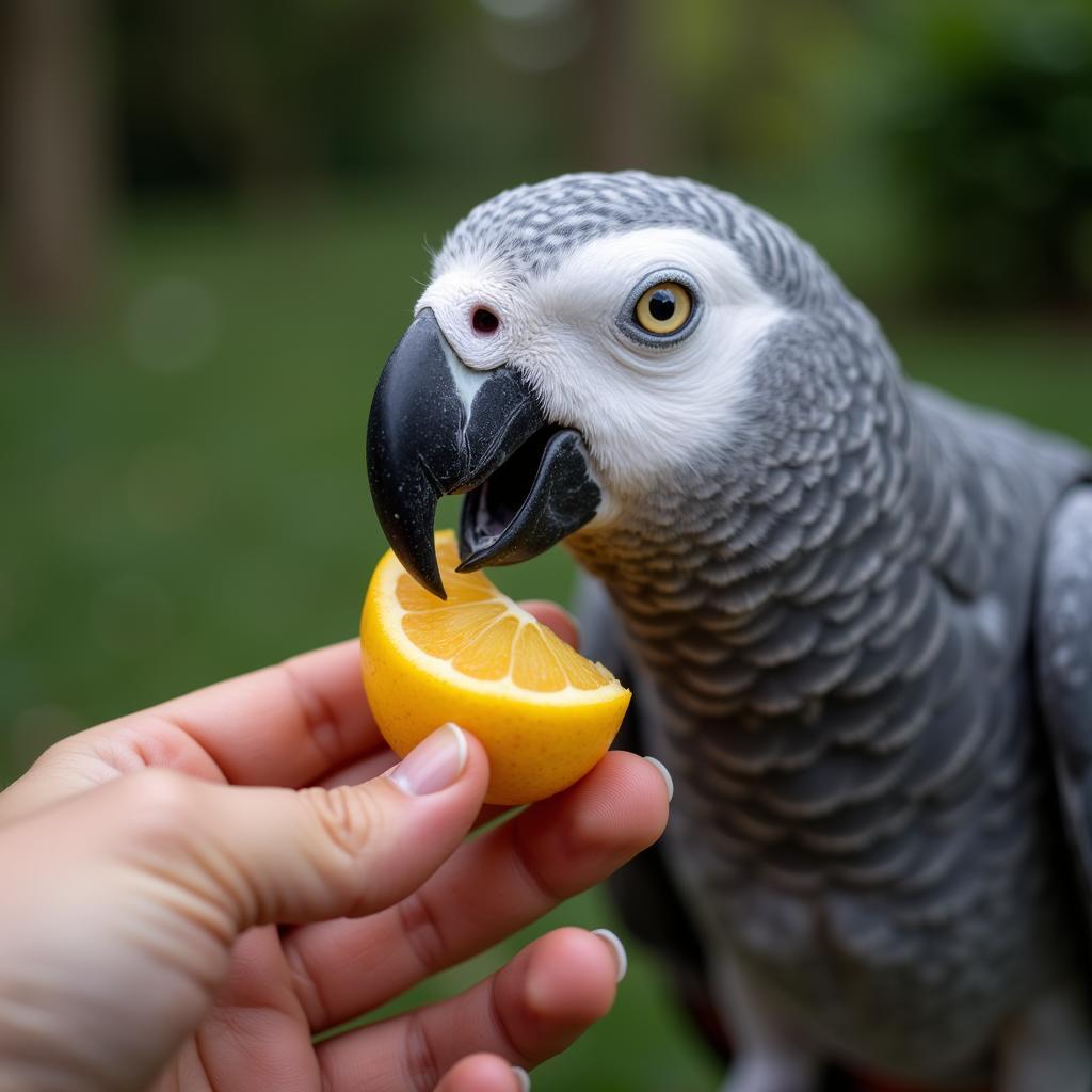 African Grey Parrot Interacting with Owner