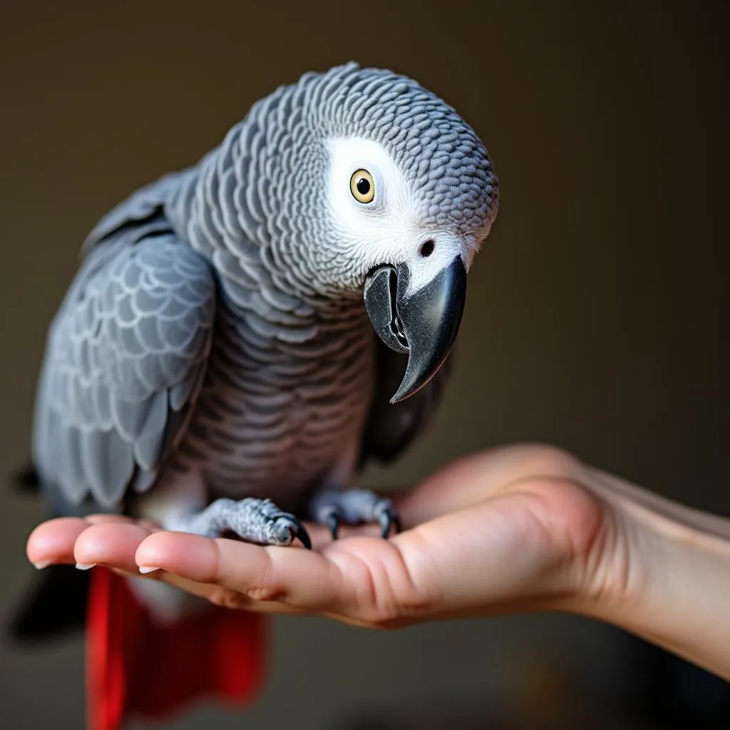 African Grey Parrot being held by its owner