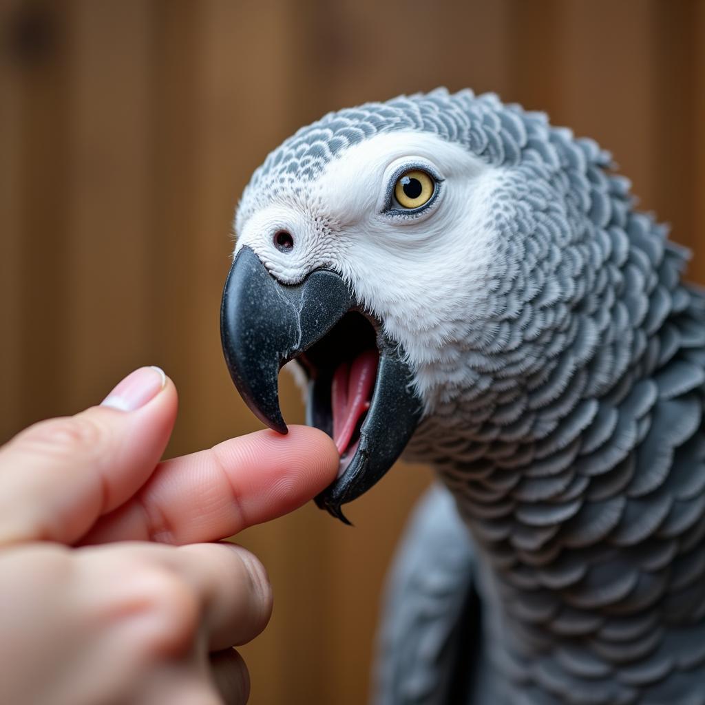 African grey parrot biting a finger