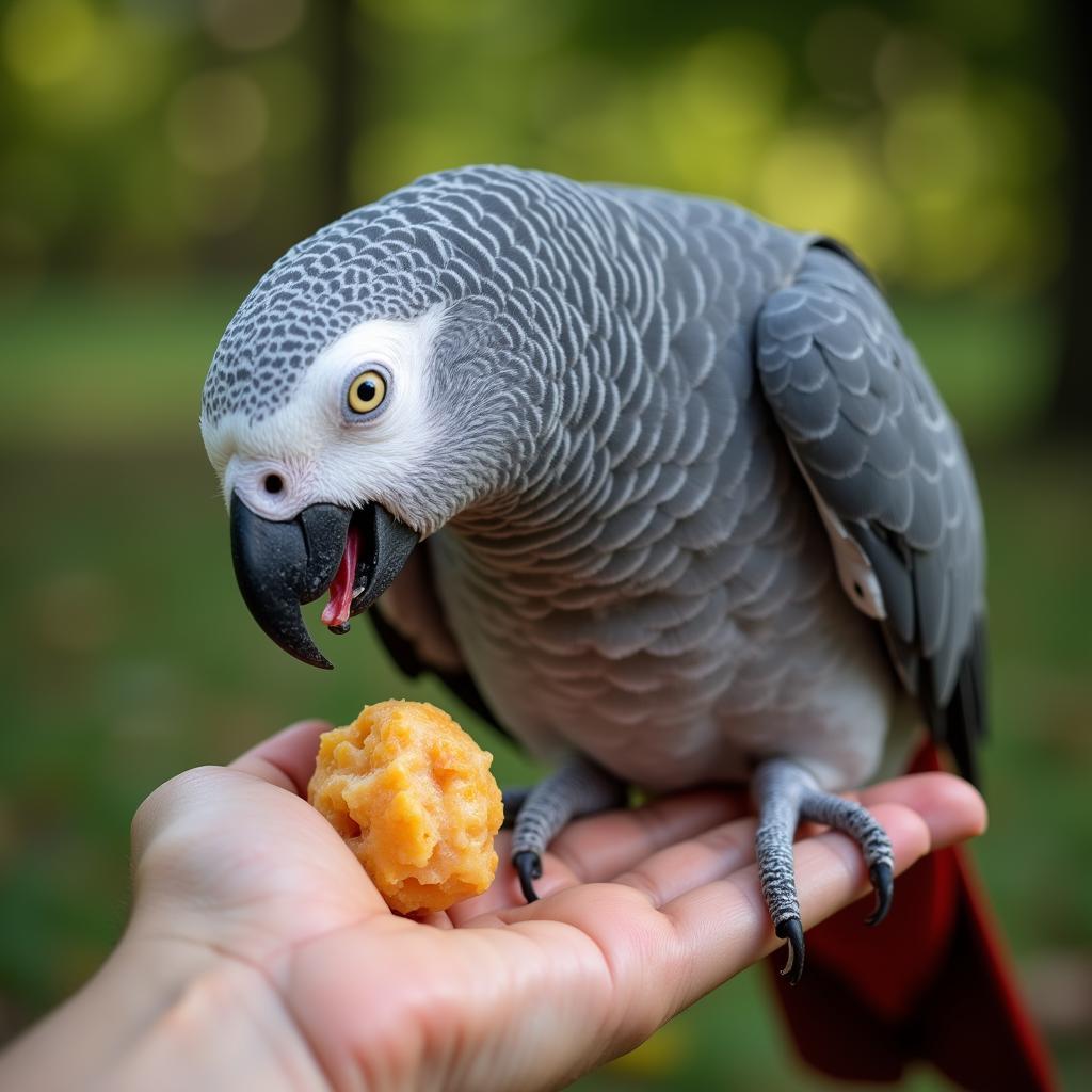 African Grey parrot interacting with a breeder