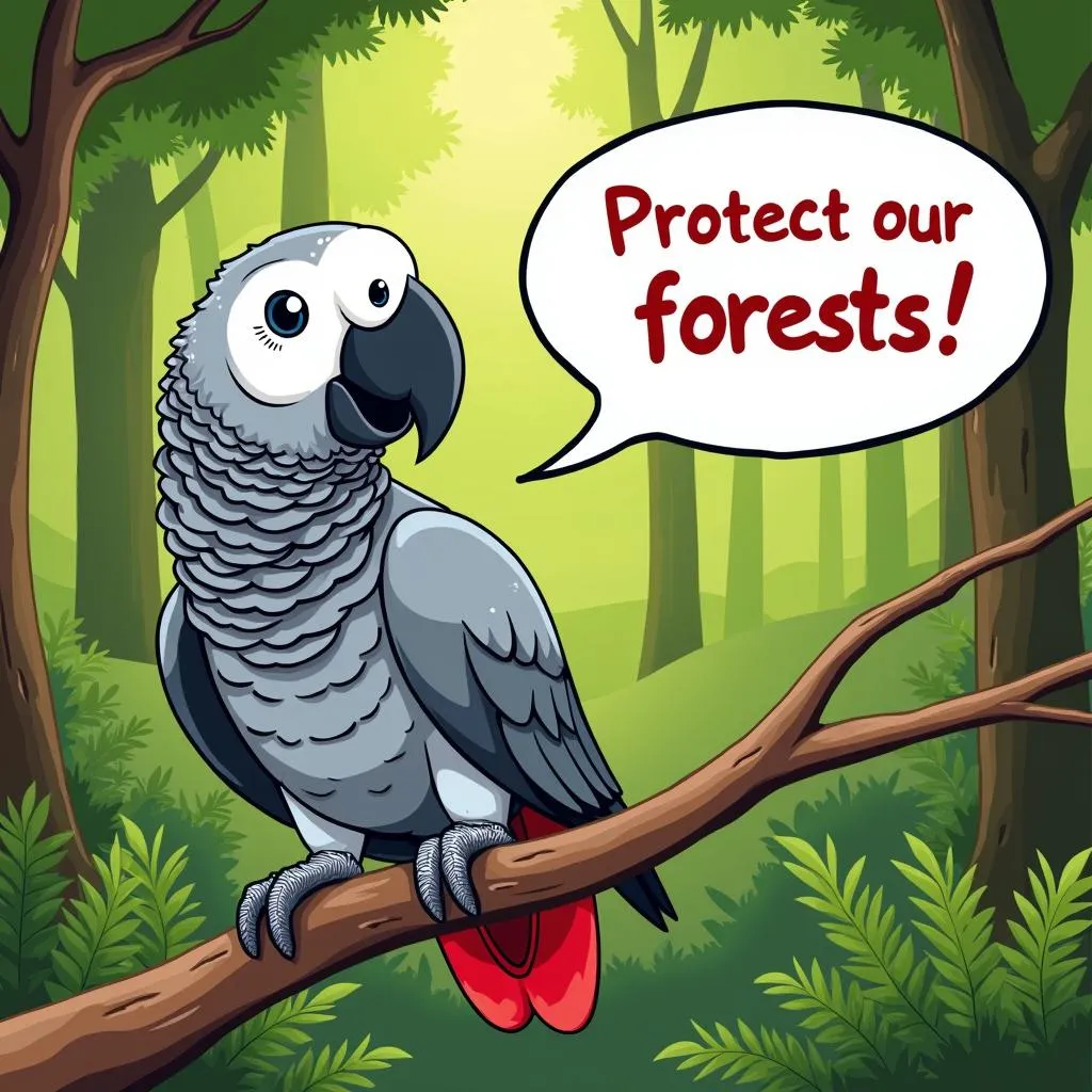 African Grey Parrot Cartoon on a Conservation Poster