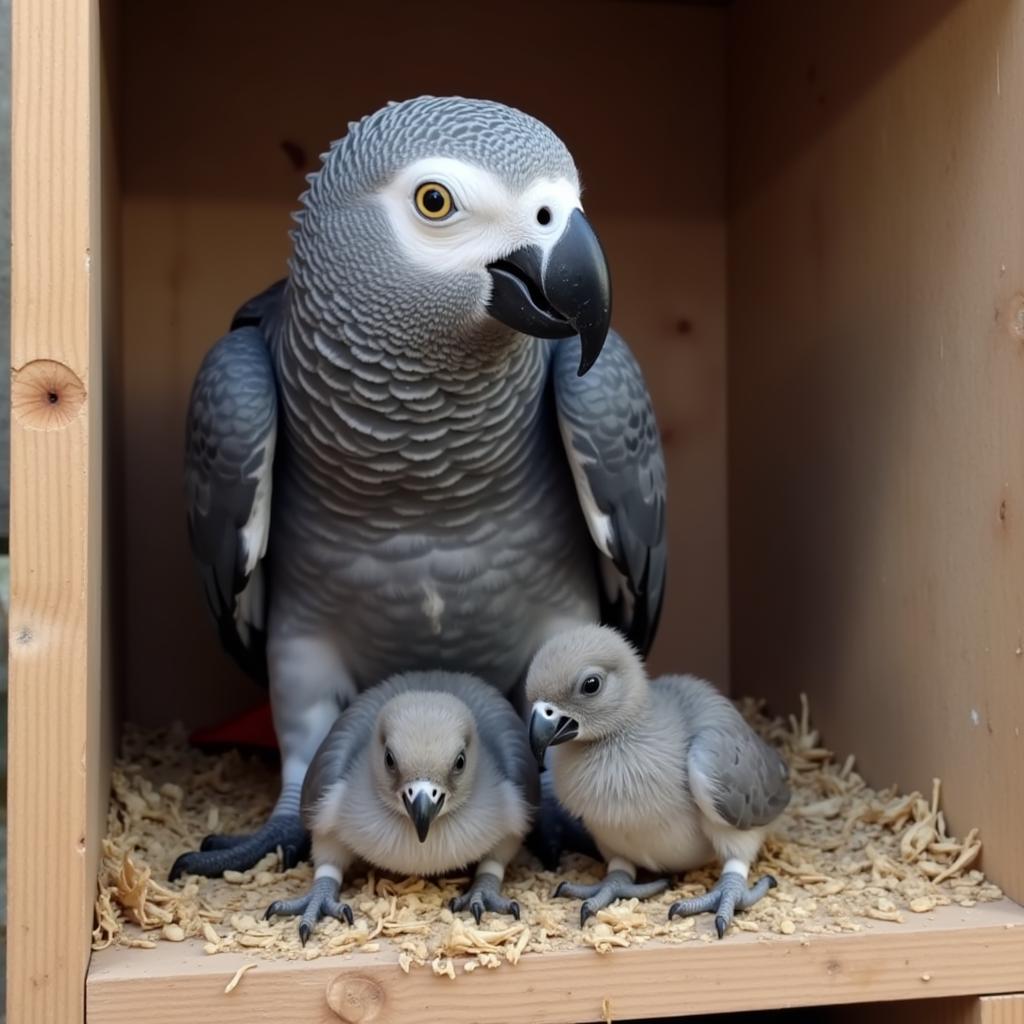 African Grey Parrot Chicks with Parent