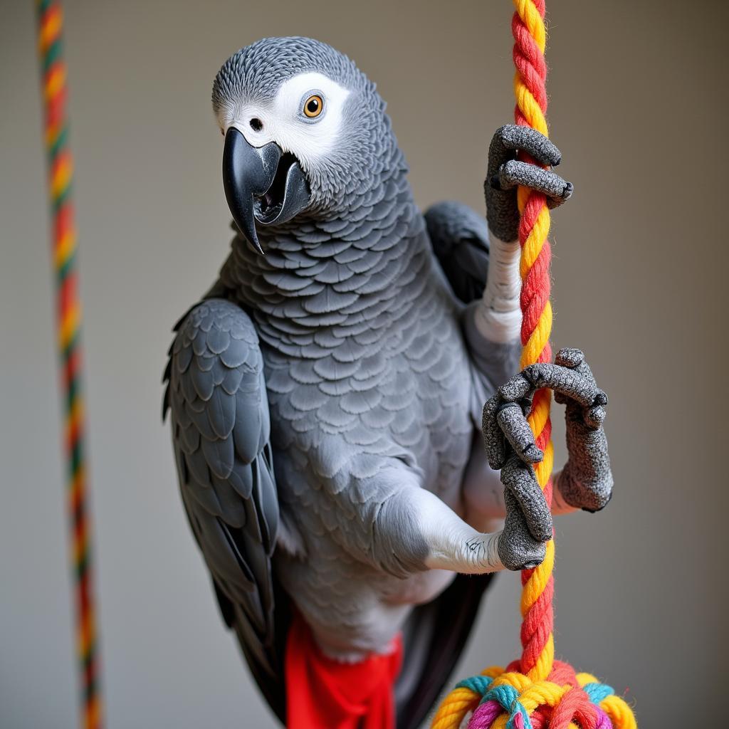 African Grey Parrot Exercising on Toy