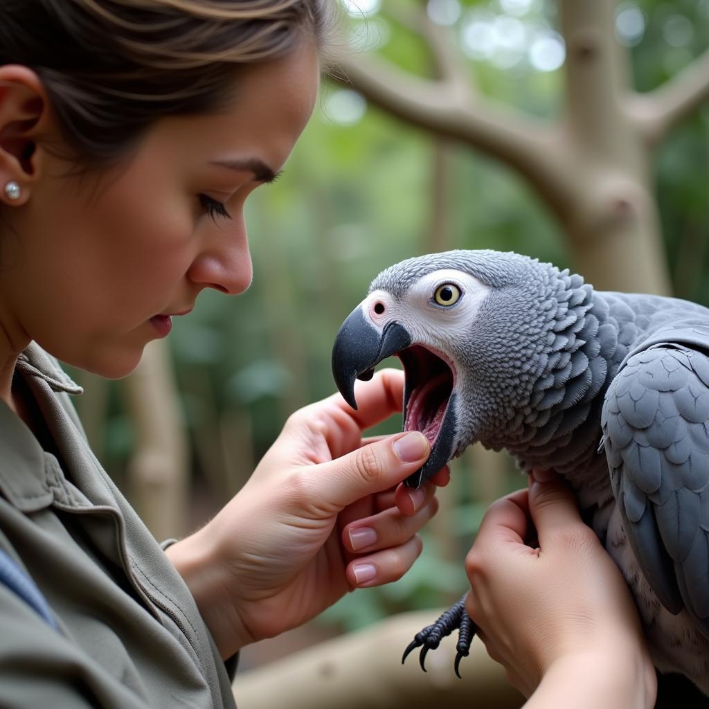 A conservationist interacting with an African grey parrot in a rehabilitation center