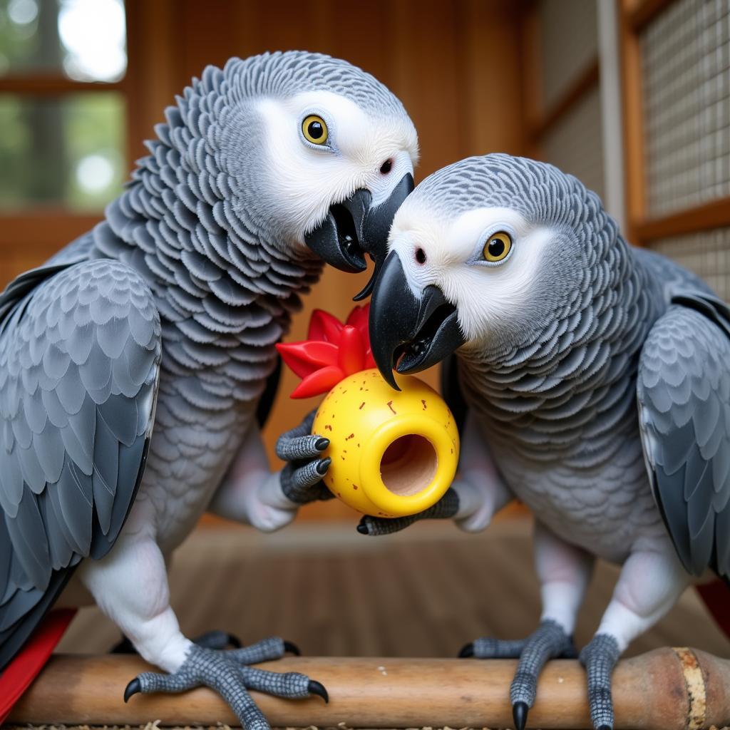 African Grey Parrot Couple Playing