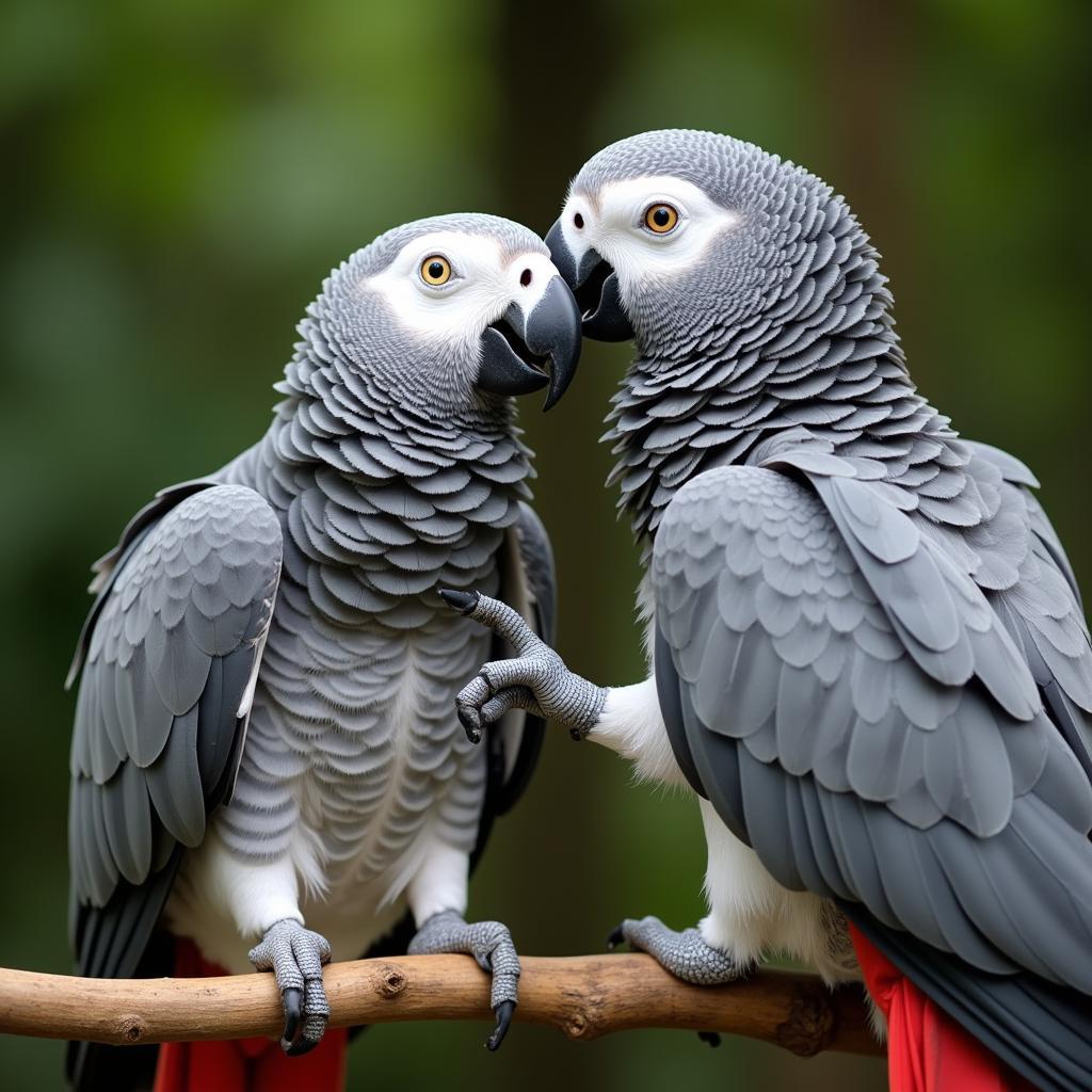 African Grey Parrot Couple Preening