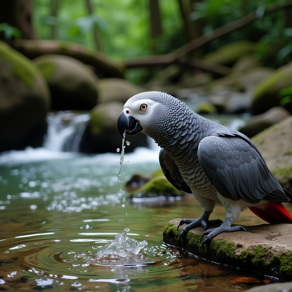 African Grey Parrot Drinking From Stream