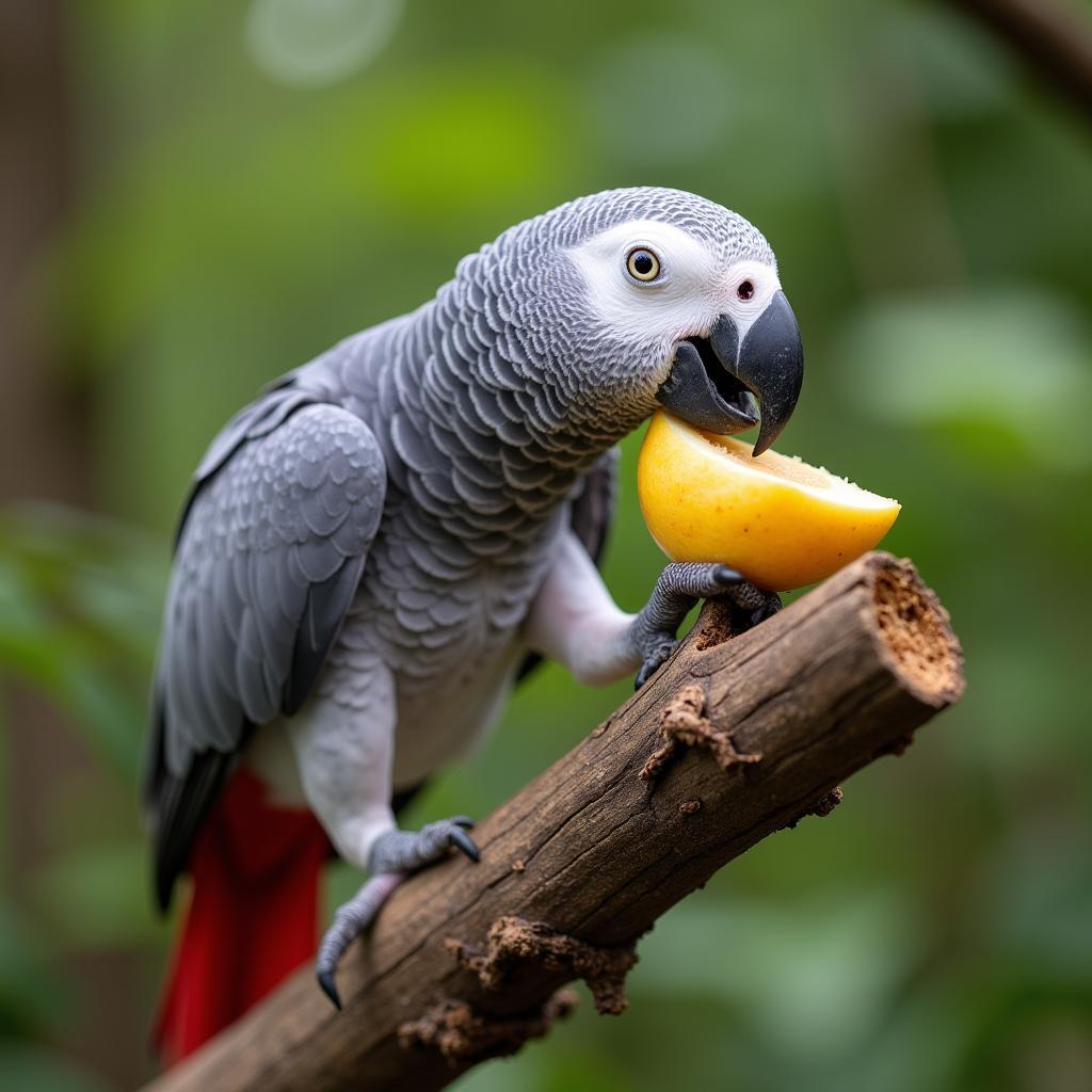 African Grey Parrot Eating Fruits