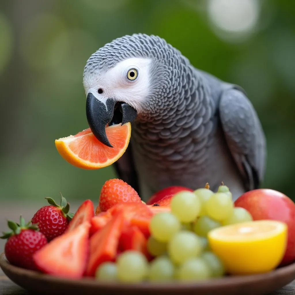 African Grey Parrot Eating Fresh Fruit