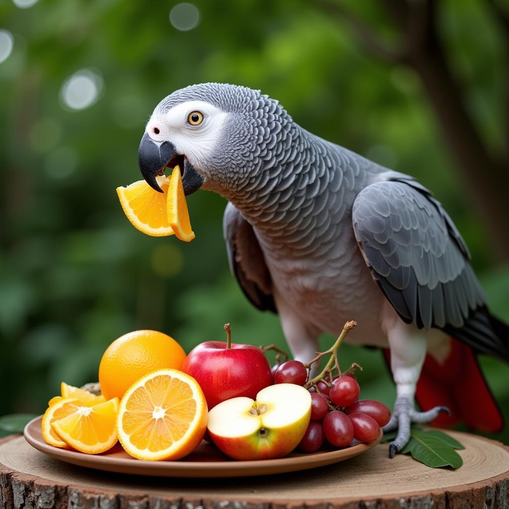 An African Grey Parrot enjoys a healthy meal of fresh fruit