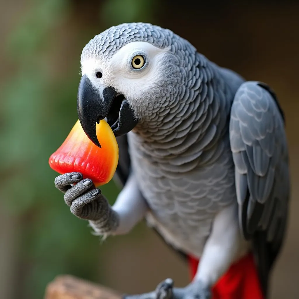 African grey parrot eating fruit