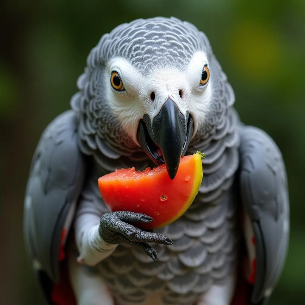 African Grey Parrot enjoys a healthy snack