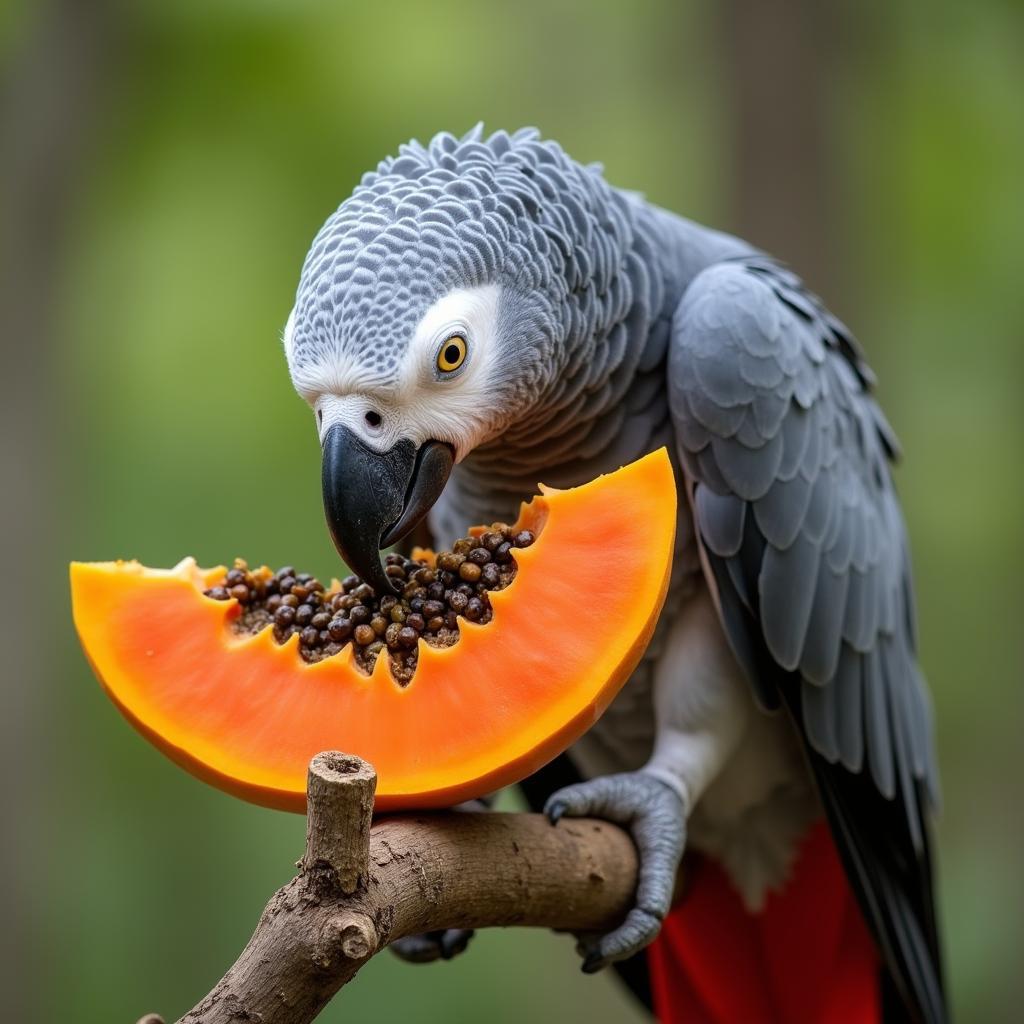 An African Grey Parrot enjoying a piece of fruit