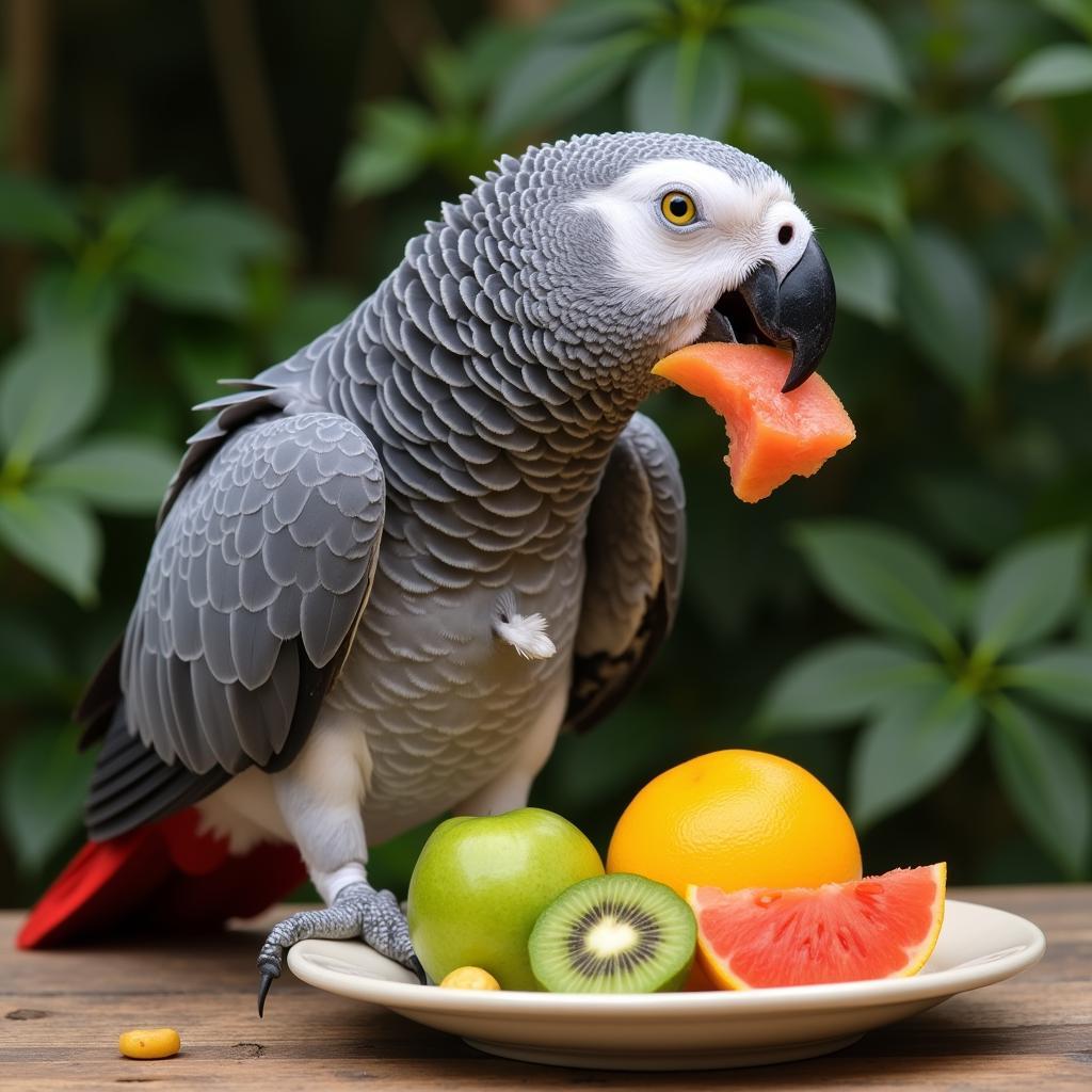 African grey parrot eating a piece of fruit