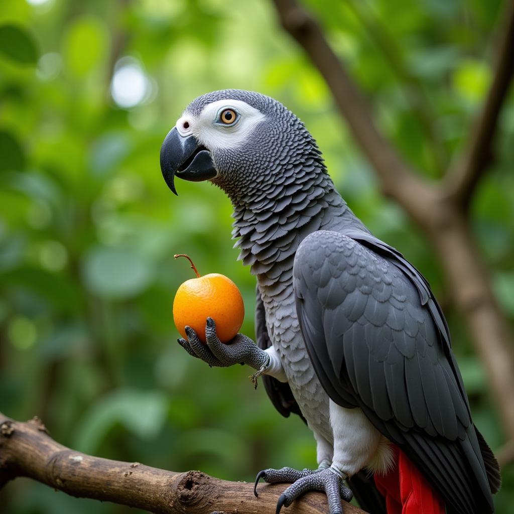 African Grey Parrot enjoying fruit in its natural habitat