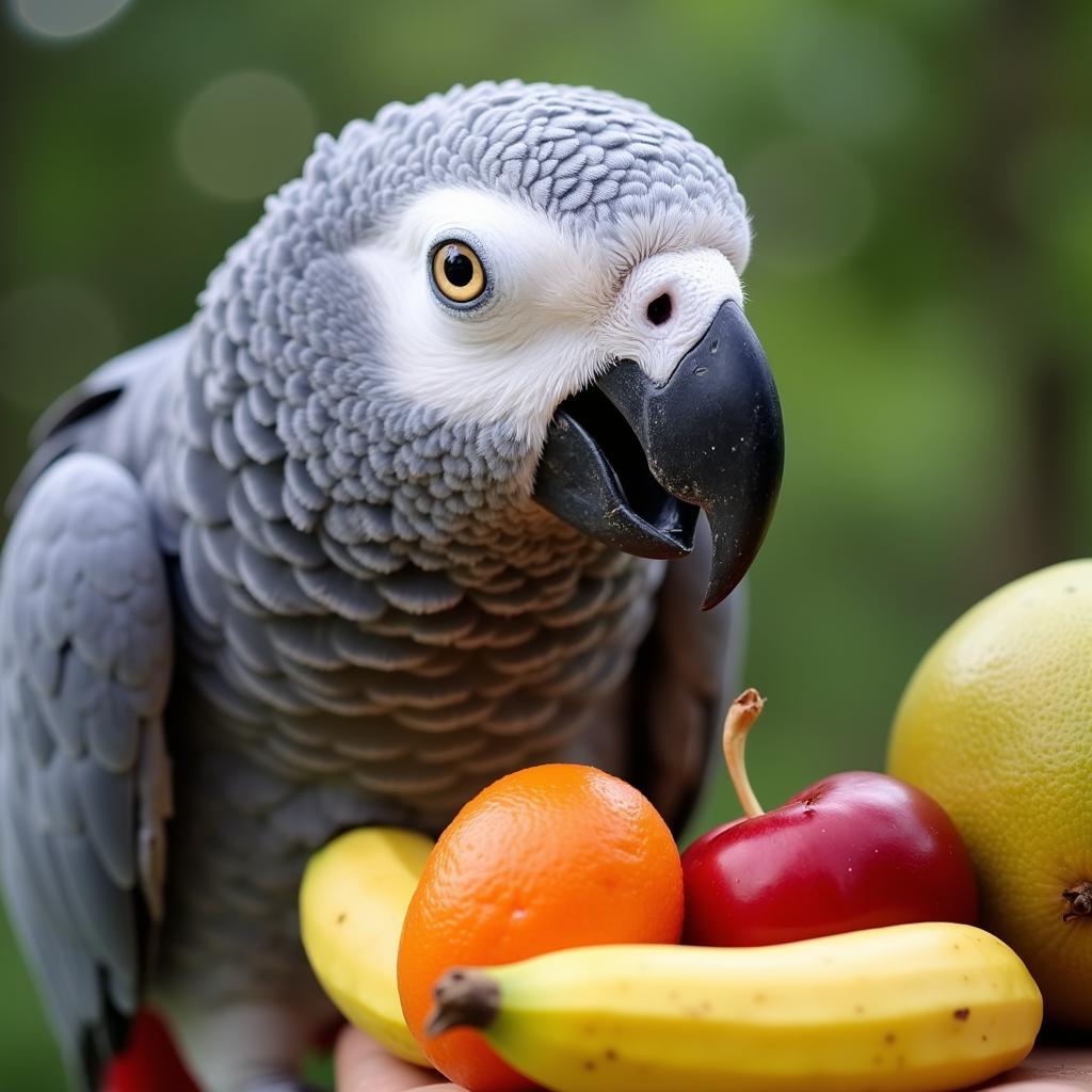 African Grey parrot enjoying a piece of fruit