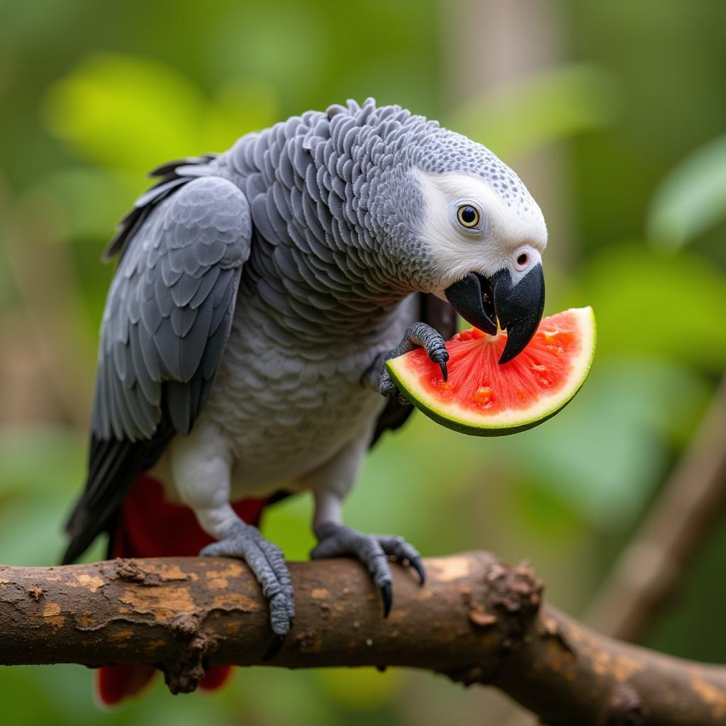 African Grey Parrot Enjoying Fruit in Natural Habitat