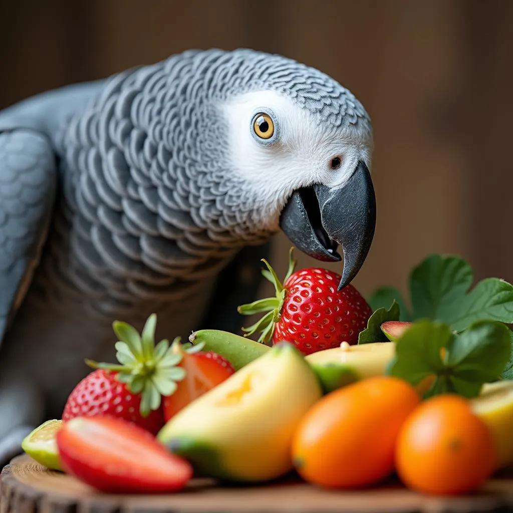 African Grey Parrot enjoying a healthy meal