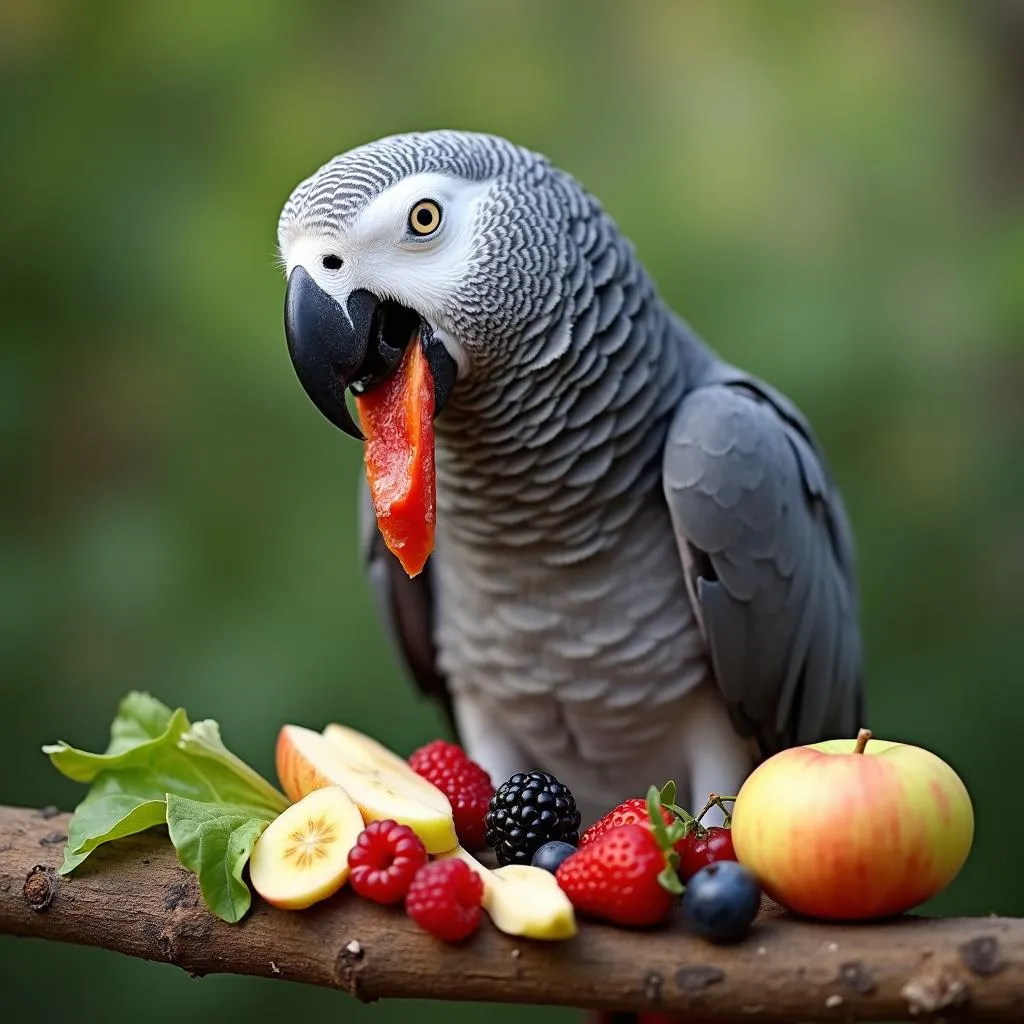 African Grey Parrot Enjoying Fruits and Vegetables