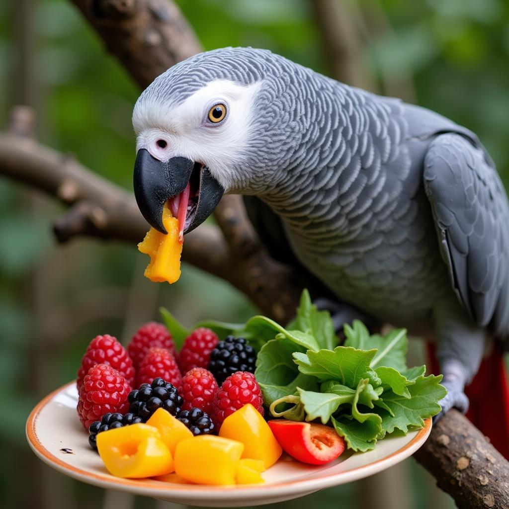 African Grey Parrot Enjoying a Healthy Meal