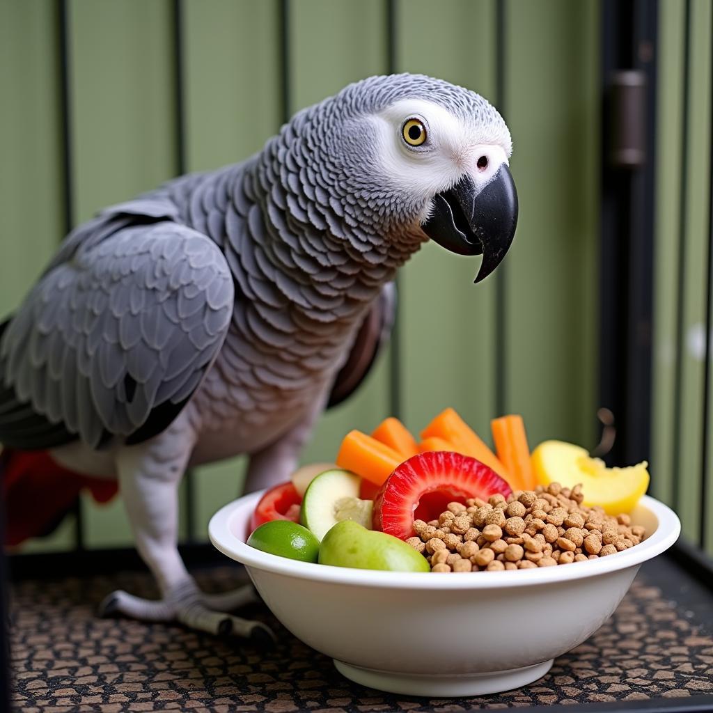 African grey parrot enjoying a healthy meal