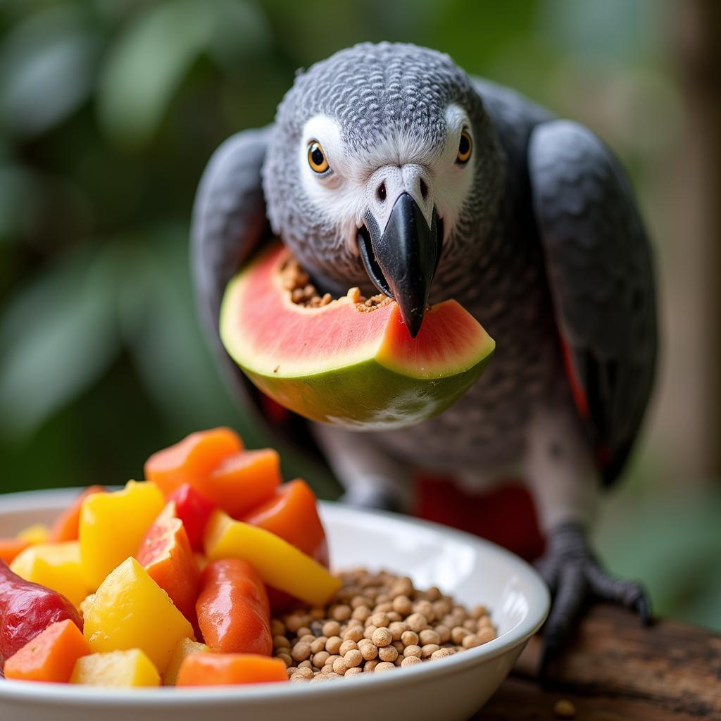 African Grey Parrot Enjoying a Healthy Meal