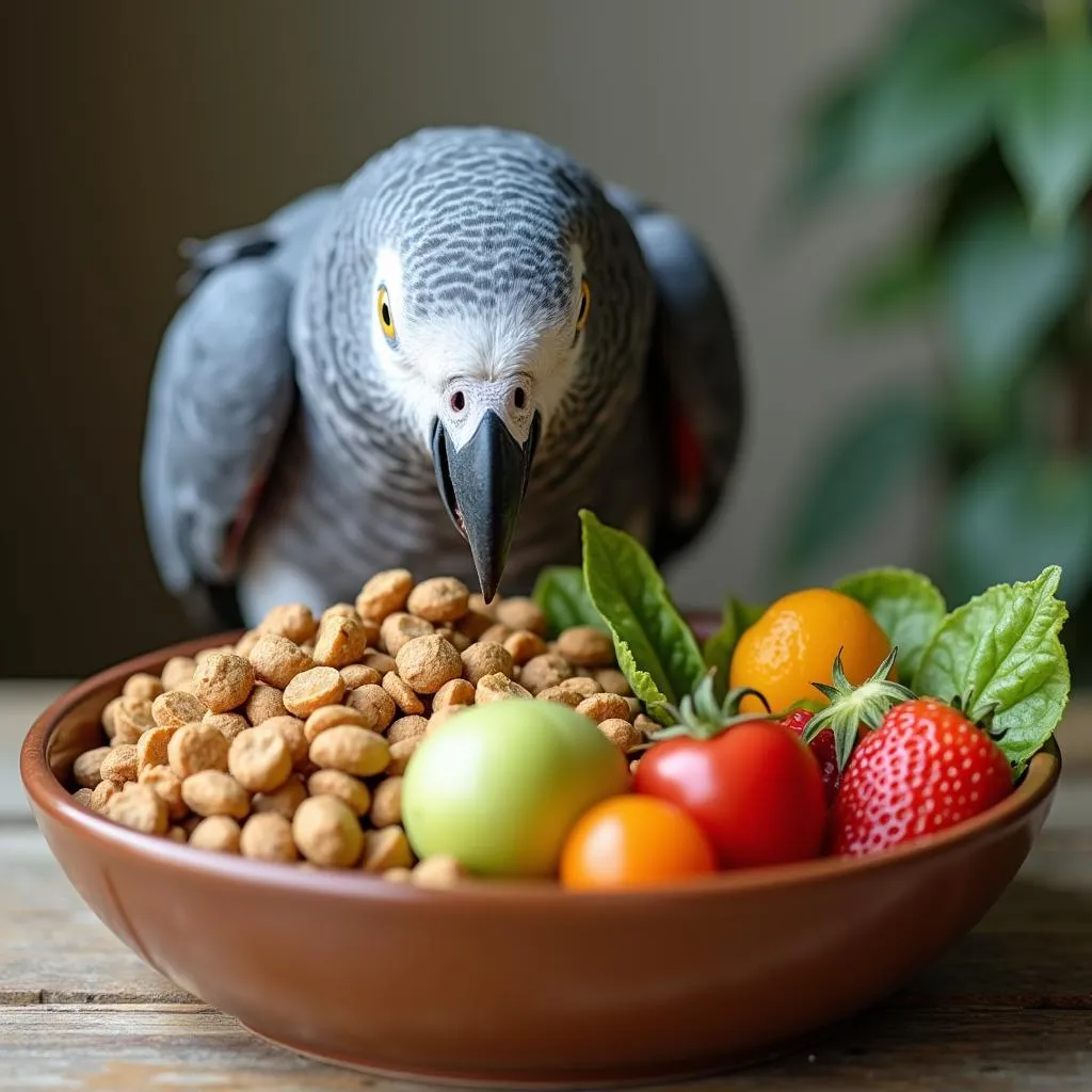 African Grey Parrot Consuming a Nutritious Diet