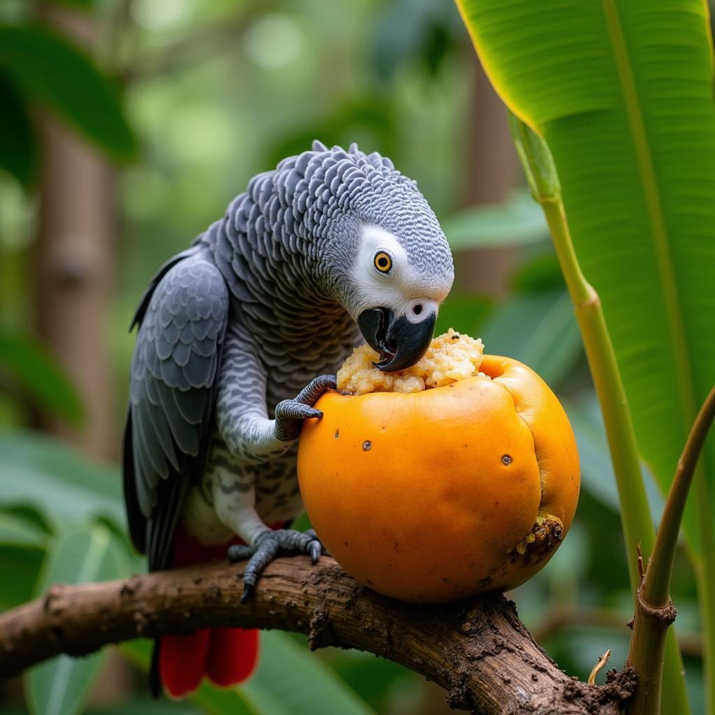 African Grey Parrot Enjoying Palm Fruit