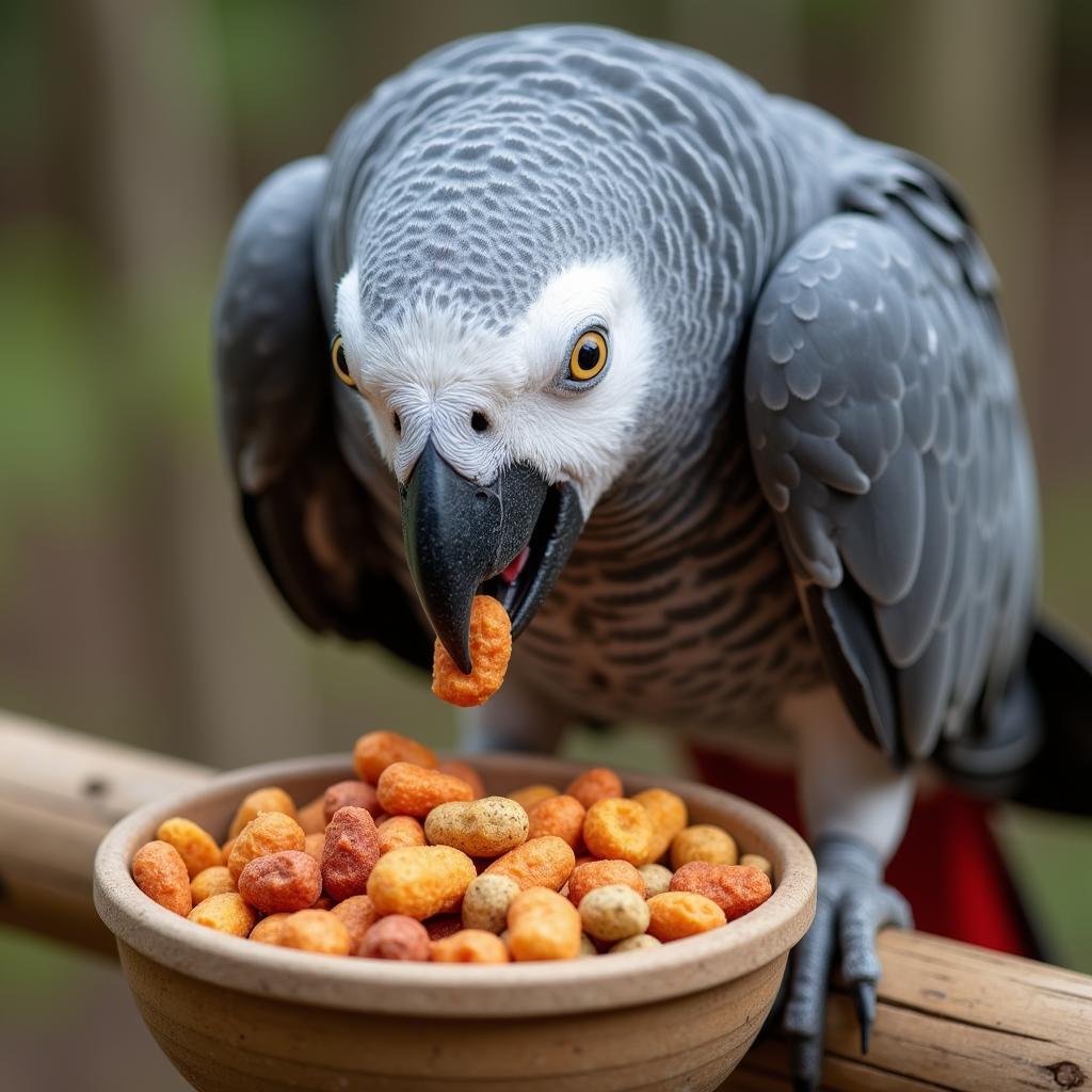 African grey parrot enjoying a bowl of formulated pellets