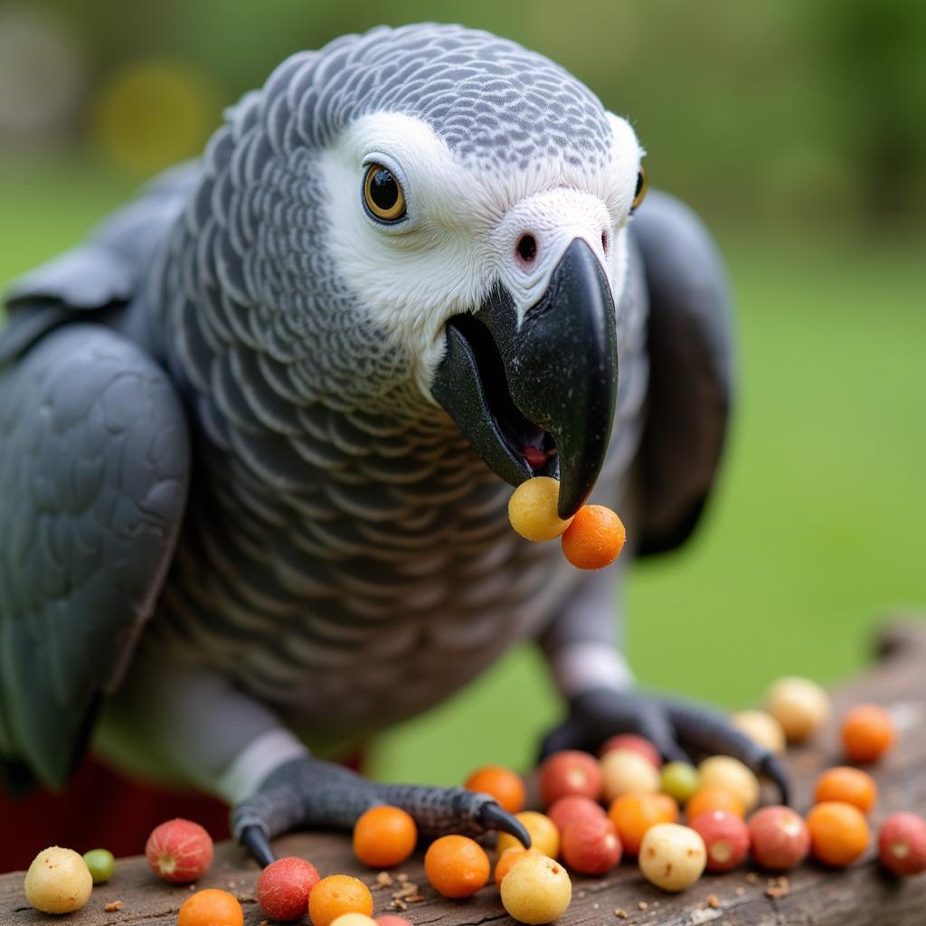 African Grey Parrot Enjoying Pellets