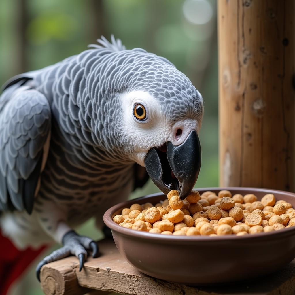 African Grey Parrot Eating Nutritious Pellets