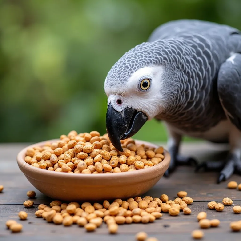 African Grey Parrot Consuming Pellets