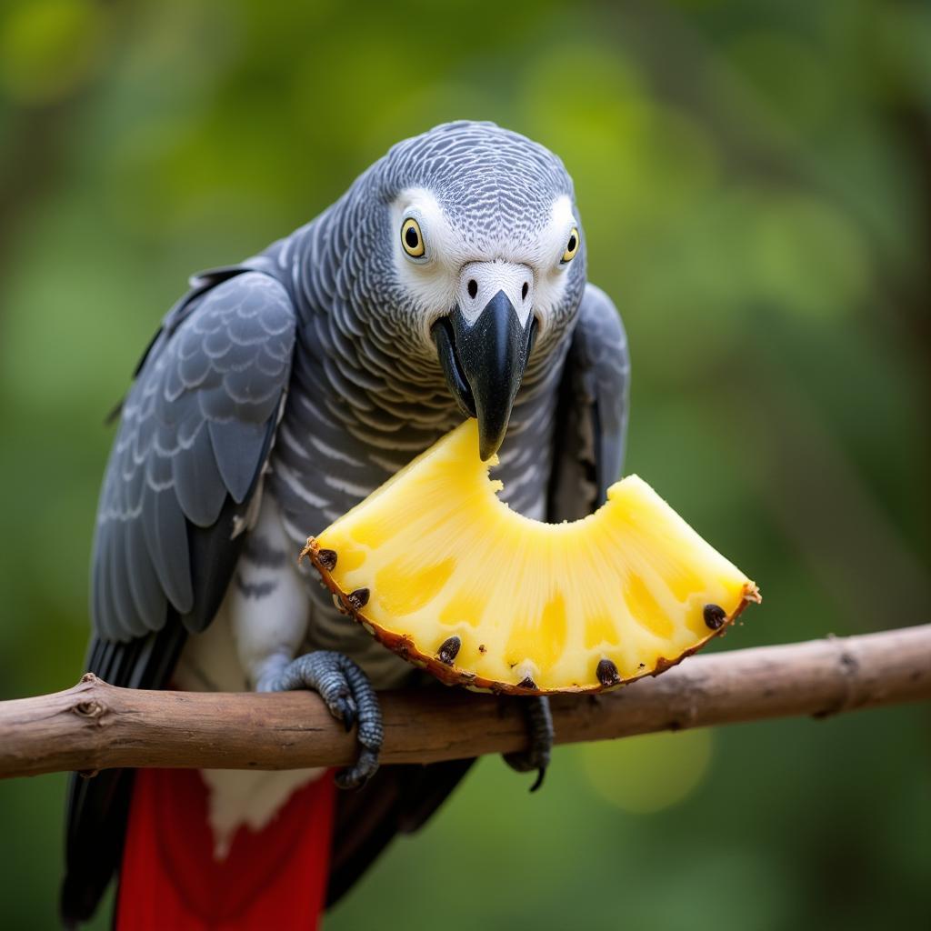 African Grey Parrot Enjoying Pineapple