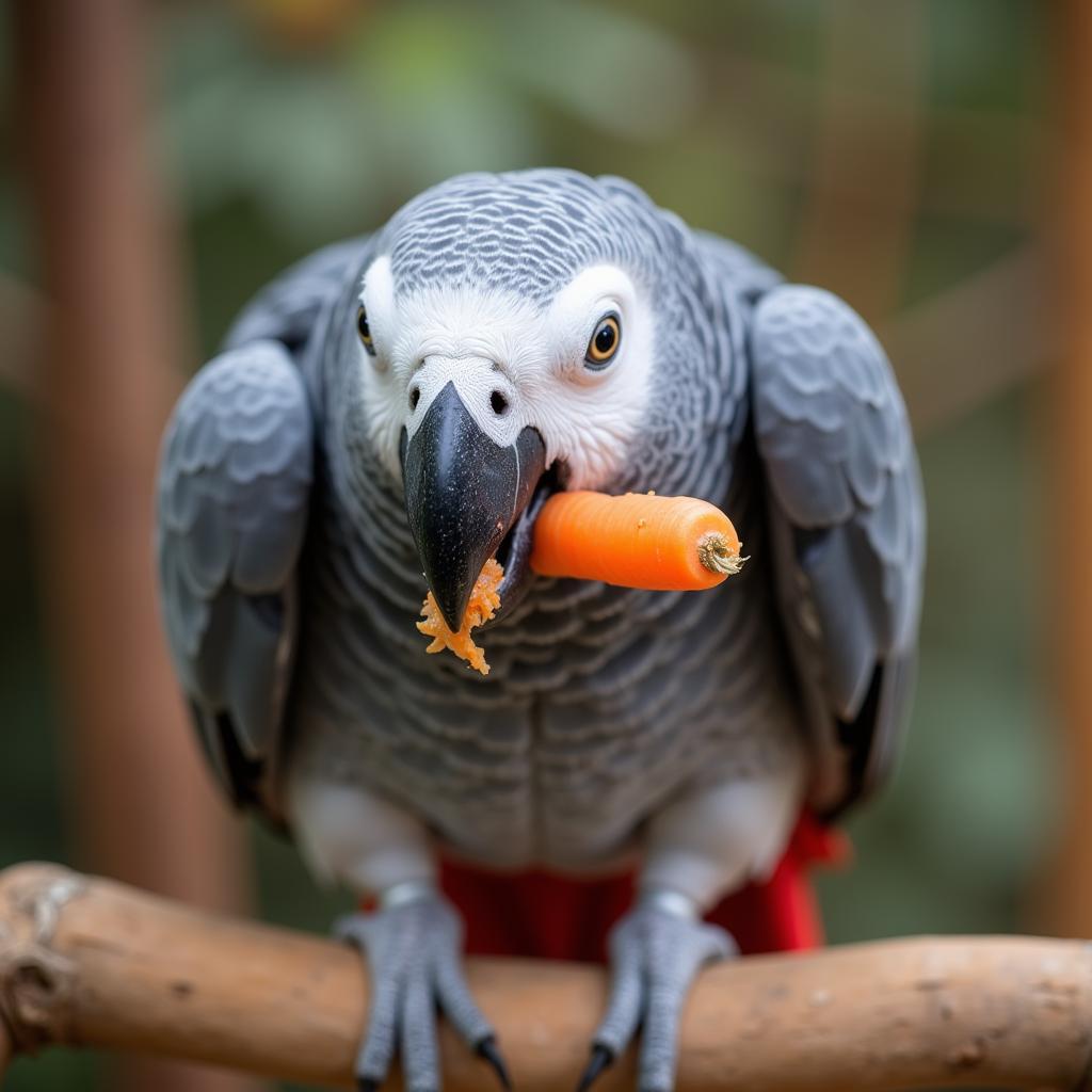 African Grey Parrot Enjoying Vegetables