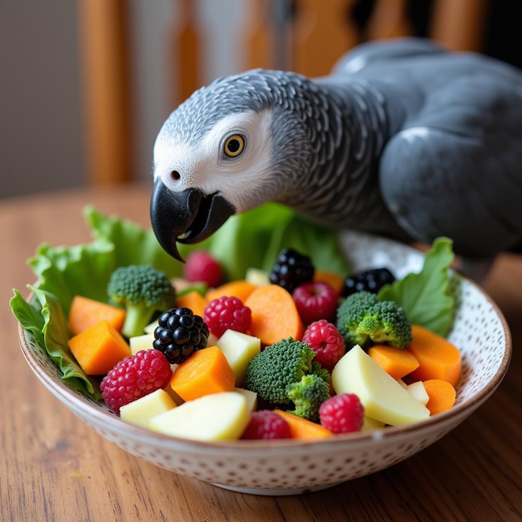 African Grey Parrot Enjoying a Variety of Fruits and Vegetables