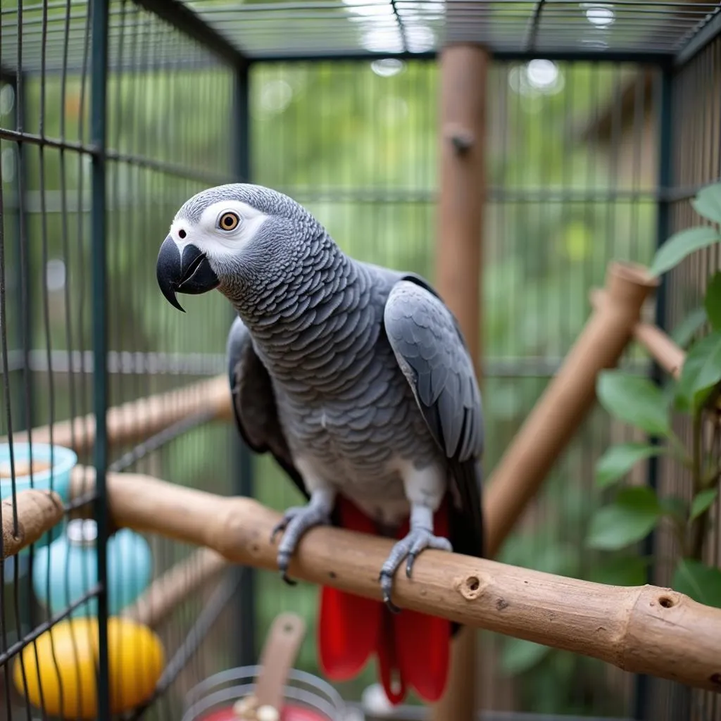 African Grey Parrot Enjoying a Clean Cage