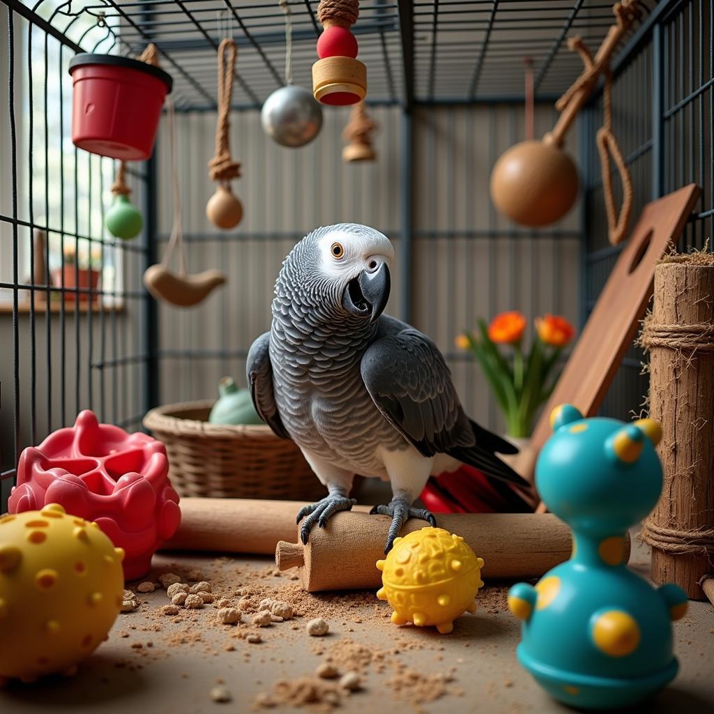 African Grey Parrot Enjoying a Variety of Toys in its Cage