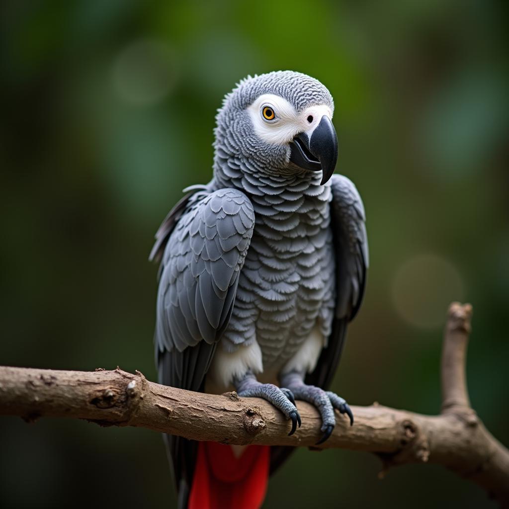 An African Grey parrot fledgling perched on a branch