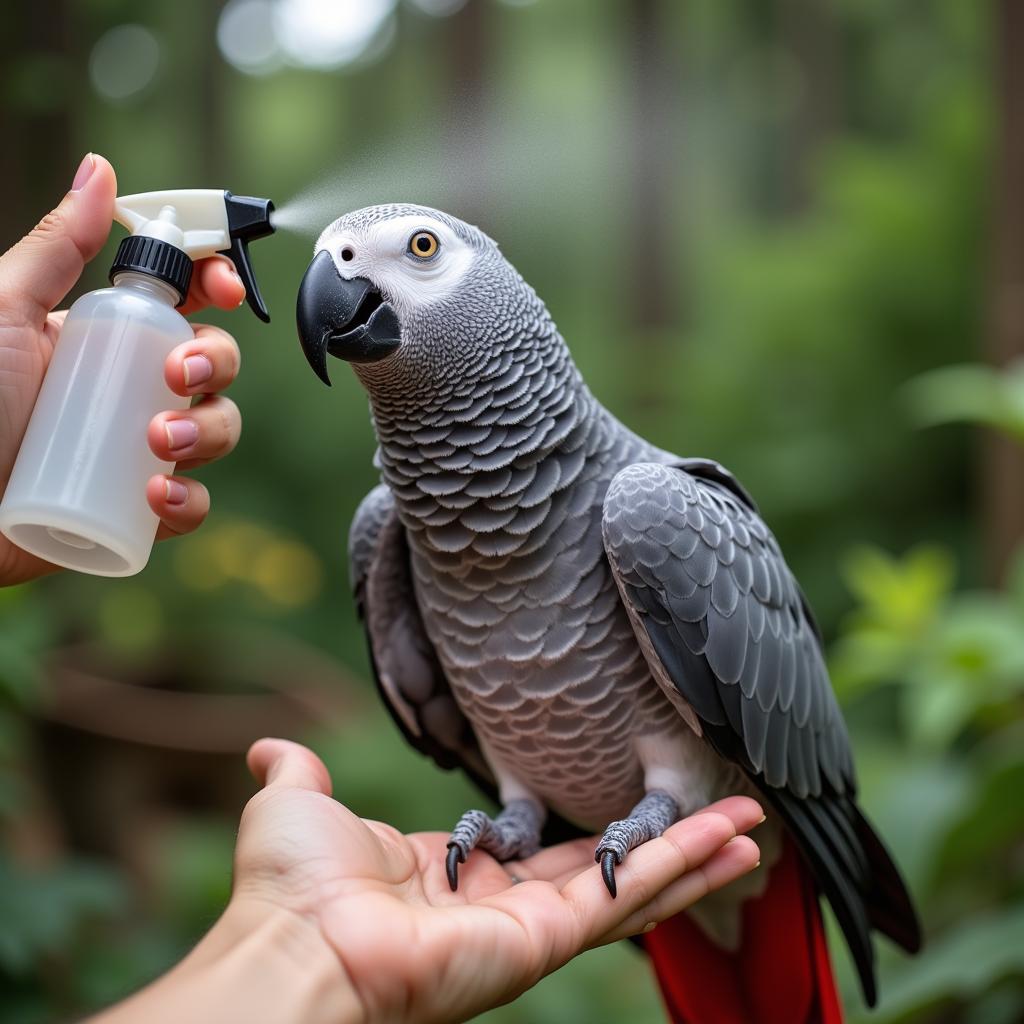 African Grey Parrot Getting Misted