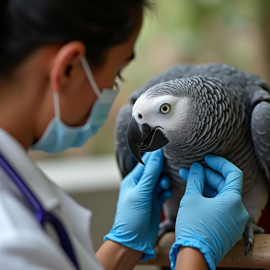 Veterinarian Examining an African Grey Parrot in Sri Lanka