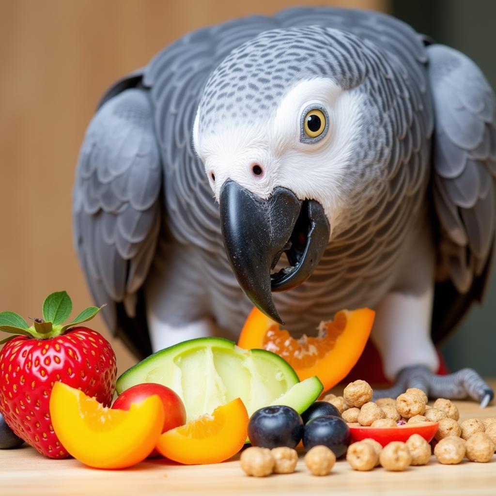 African Grey Parrot Eating a Healthy Diet for Feather Growth