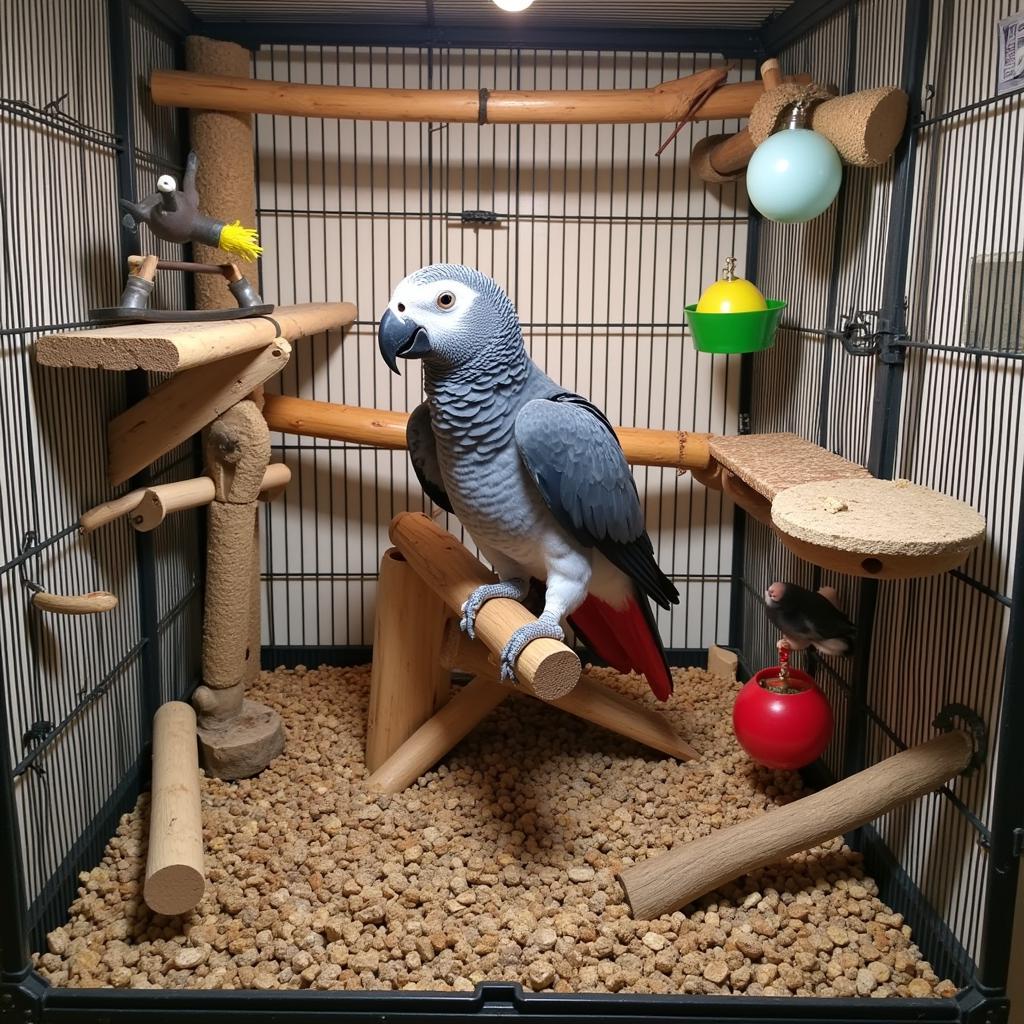 An African Grey Parrot in a Stimulating Cage Environment