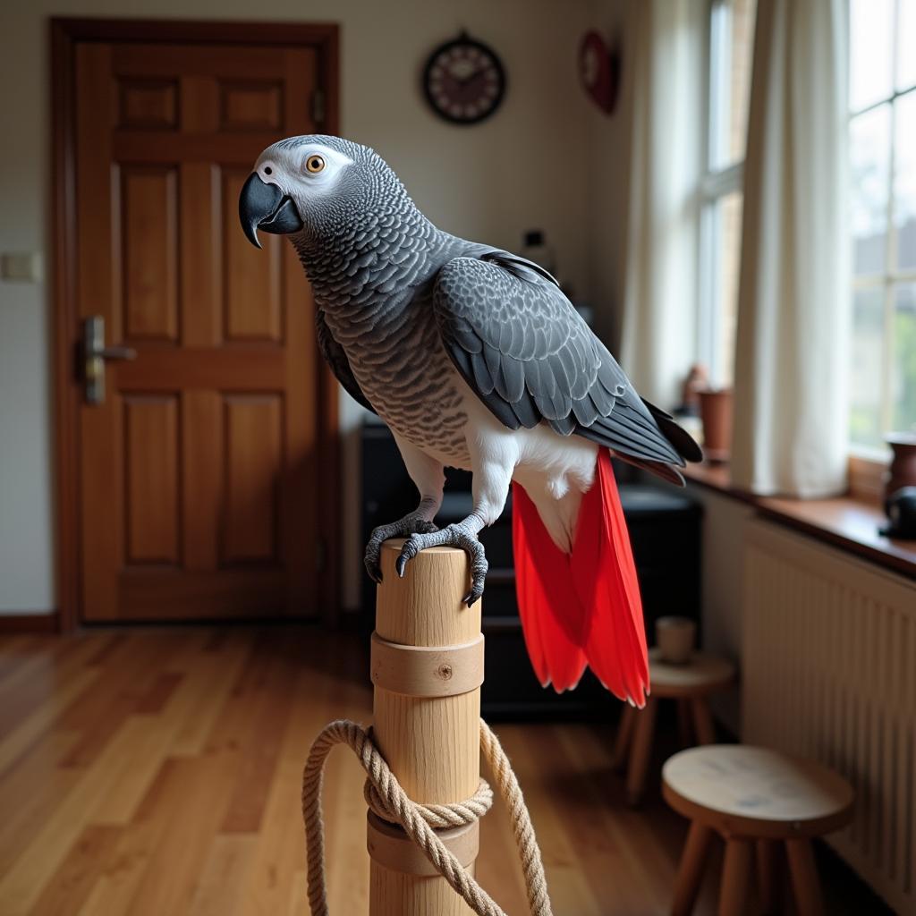 African Grey Parrot Perched on a Play Stand in a Home