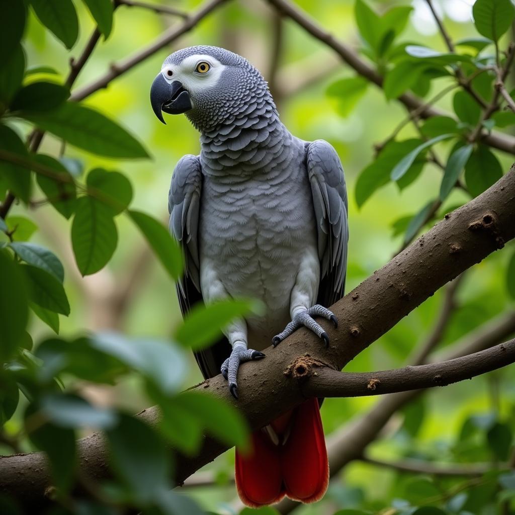 African grey parrot perched on a branch in its natural habitat