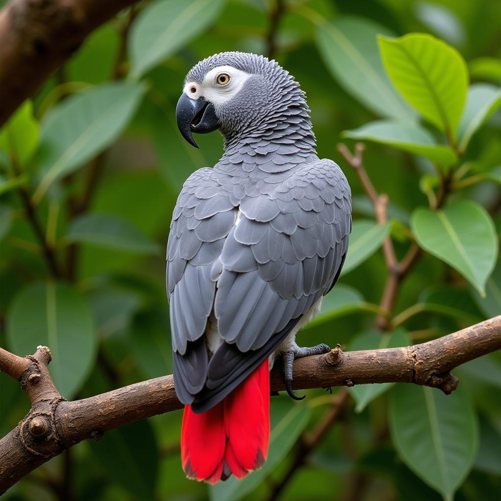 African Grey Parrot perched on a branch in its natural habitat