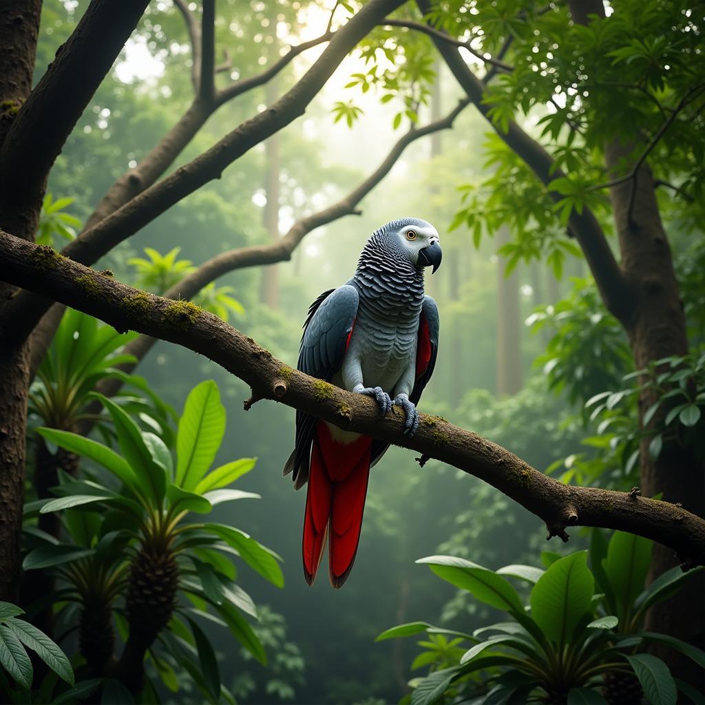 African Grey Parrot in Rainforest Canopy