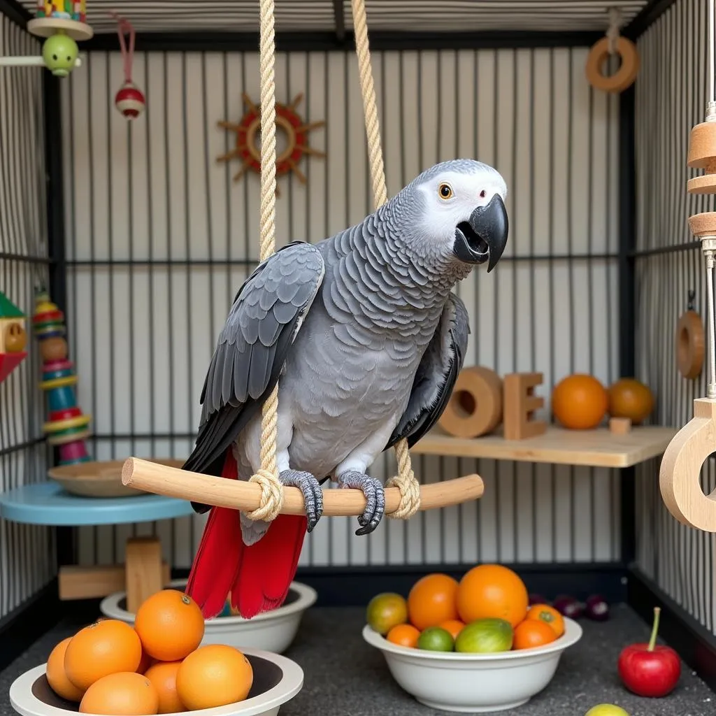 African Grey Parrot in Spacious Cage