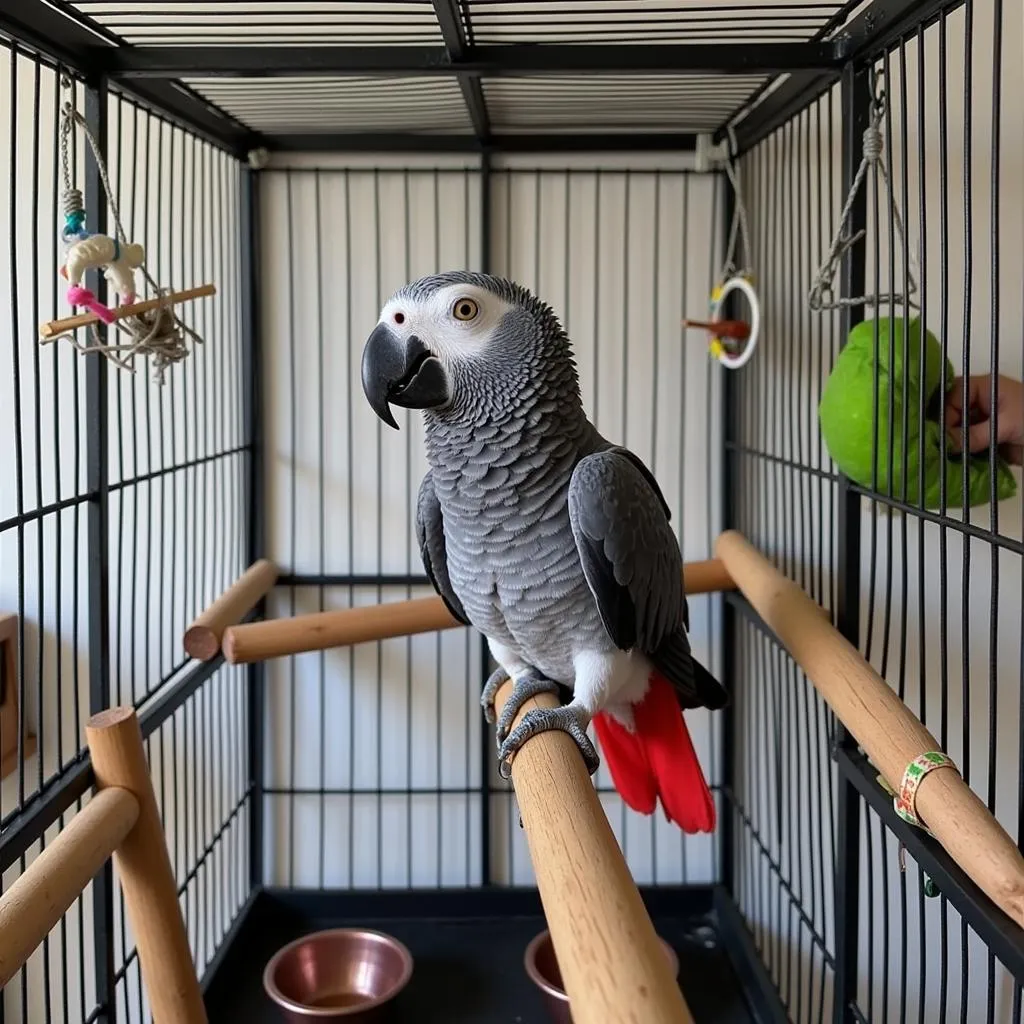 African Grey Parrot in a Spacious Cage