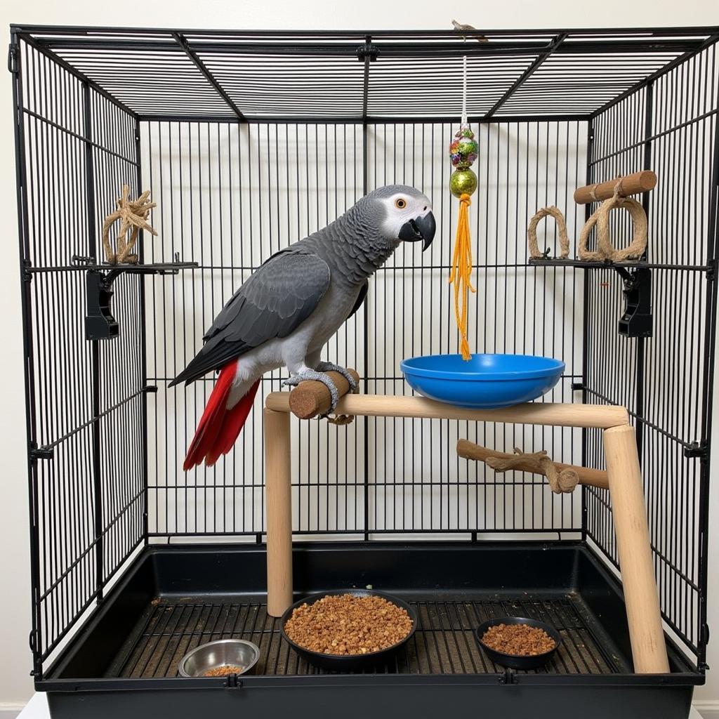 African Grey Parrot in Spacious Cage