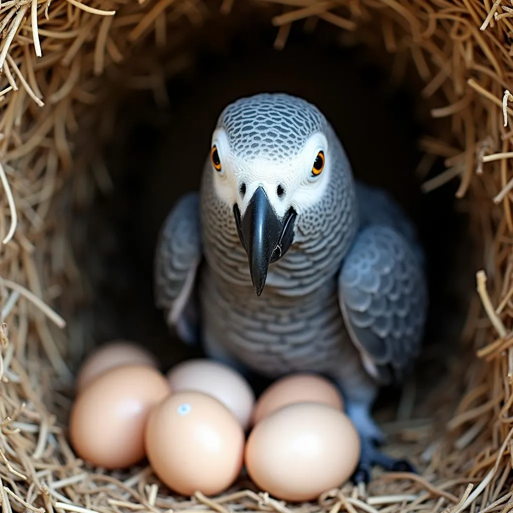 African Grey Parrot Incubating Eggs